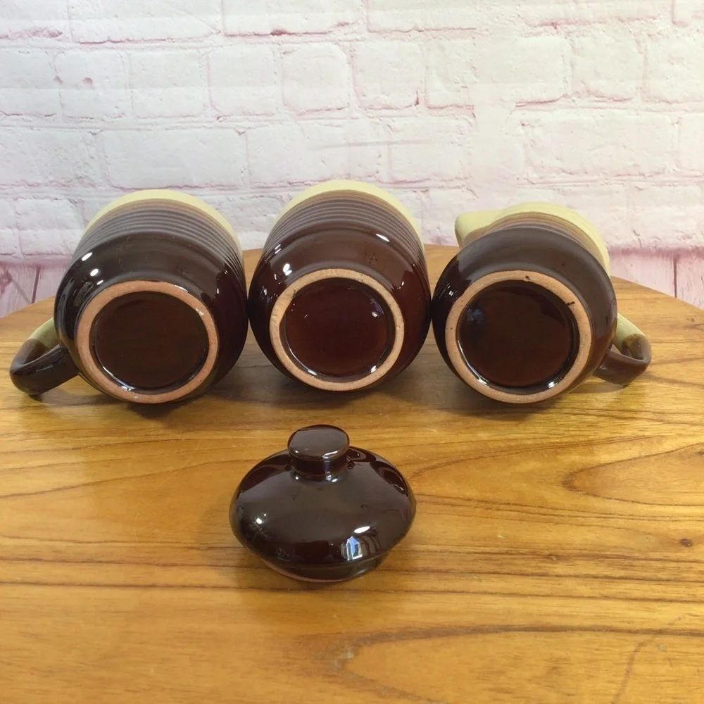 Vintage Three Tone Brown Ribbed Stoneware Covered Sugar Creamer Mug Set